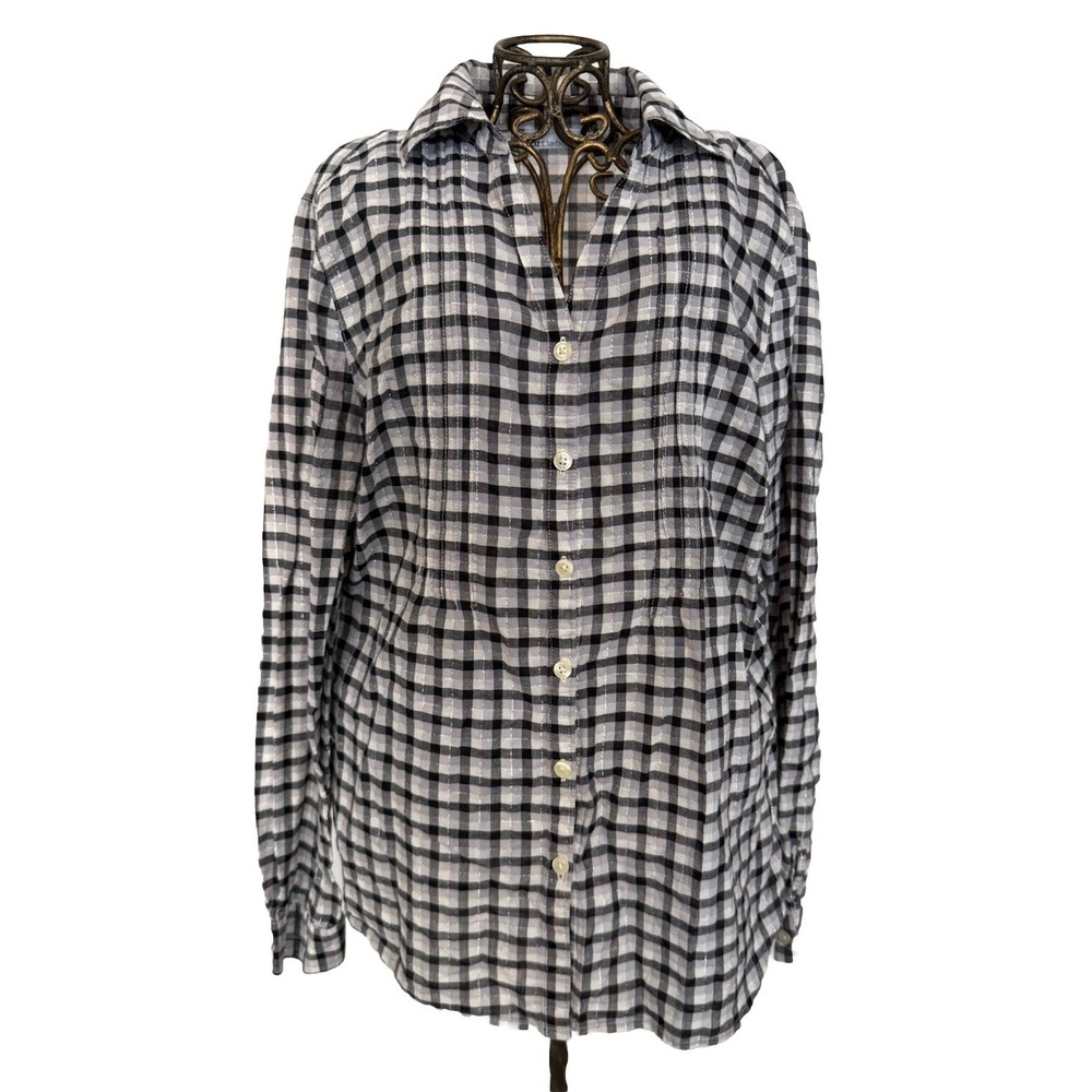 Liz Claiborne Plaid Button Down shirt Womens Sm Black white Long Sleeve Casual
